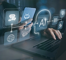 A person uses a laptop and smartphone, surrounded by glowing icons representing AI, coding, and communication technologies.